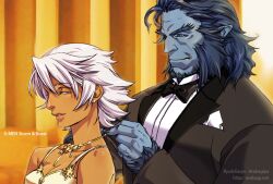  1boy ^_^ animification beast_(x-men) blue_hair blue_skin breasts cleavage closed_eyes colored_eyelashes colored_skin commentary_request dark_skin dress female fur jewelry marvel medium_breasts necklace pointy_ears ryuuki_garyuu short_hair sideburns storm_(x-men) very_dark_skin white_hair x-men 