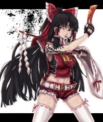  adapted_costume bad_id bad_pixiv_id black_hair black_lagoon bow cigarette crop_top denim denim_shorts detached_sleeves female fingerless_gloves fingernails gloves gohei hairbow hakurei_reimu letterboxed long_hair midriff nail_polish navel panzer_(p.z) red_bow red_shorts revy_(black_lagoon) sharp_fingernails short_shorts shorts single_detached_sleeve solo tattoo thighhighs touhou very_long_hair 