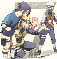  black_eyes black_hair blonde_hair blue_eyes green_eyes half_mask hatake_kakashi kunai md5_mismatch naruto oba-min sakura_haruno team7 uchiha_sasuke uzumaki_naruto weapon 