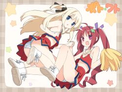  2girls :d :o ahoge ass bad_id bad_pixiv_id blonde_hair blue_eyes blush cheerleader frilled_panties frills hair_ribbon hazuki_watora holding_hands kani_biimu long_hair multiple_girls oerba_yun_fang open_mouth original panties pom_pom_(cheerleading) red_hair ribbon shimotsuki_potofu smile twintails two_side_up underwear white_panties 