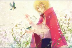  1boy bad_id bad_pixiv_id bird blonde_hair cape chm earrings highres howl_(howl_no_ugoku_shiro) howl_no_ugoku_shiro jewelry male_focus solo 