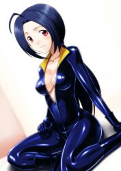  absurdres ahoge biker_clothes bikesuit black_footwear blue_hair bodysuit boots breasts cleavage commentary_request feet_out_of_frame female highres idolmaster idolmaster_(classic) kneeling long_hair medium_breasts miura_azusa muhi11234 ponytail red_eyes skin_tight smile solo unzipped 