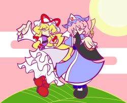  2girls blonde_hair chibi commentary_request dress folding_fan ghost grass hand_fan hat ikasui_(okakenn1224) japanese_clothes long_hair multiple_girls parody photoshop_(medium) pink_eyes pink_hair puyopuyo puyopuyo_fever saigyouji_yuyuko style_parody sun touhou triangular_headpiece yakumo_yukari yellow_eyes 