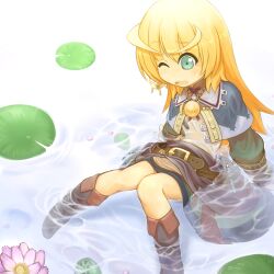  bad_id bad_pixiv_id blonde_hair boots female green_eyes highres jewelry lily_pad long_hair necklace noora_brandor noora_to_toki_no_koubou one_eye_closed solo takeda_yukimura water wet 