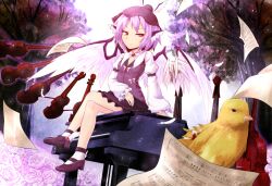  animal_ears ayagi_daifuku bandages beamed_eighth_notes bird blood blouse breasts cleavage commentary_request crossed_legs feathers female flower half_note hat injury instrument light_smile musical_note mystia_lorelei piano pink_flower pink_hair pink_rose quarter_note red_eyes rose sheet_music shirt short_hair sitting skirt small_breasts solo touhou tree vest violin wings 