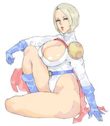  belt blonde_hair blue_eyes breasts cape cleavage cleavage_cutout dc_comics female gloves kyura9een kyura_(kyura9een) large_breasts leotard power_girl short_hair sitting solo 