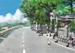  6+girls architecture bag bus_stop calico cloud day east_asian_architecture everyone feline guard_rail highres kureta_(nikogori) multiple_girls original outdoors perspective road rope scenery school_bag school_uniform shimenawa shrine sky standing street torii traffic_barrier tree 