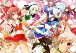  6+girls :3 =_= animal_ears aqua_eyes ascot blue_eyes blue_hair bow braid breasts brown_eyes brown_hair brown_legwear commentary_request detached_sleeves flower hair_tubes hairbow hakurei_reimu hat hinanawi_tenshi horns ibuki_suika inubashiri_momiji izayoi_sakuya konpaku_youmu maid maid_headdress medium_breasts midriff multiple_girls no_bra pantyhose petals porurin purple_eyes red_eyes sideboob skirt sword tokin_hat touhou twin_braids upskirt weapon white_hair wolf_ears 