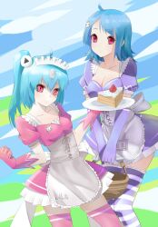  2girls ahoge apron aqua_hair bili_girl_22 bili_girl_33 bilibili blue_hair breasts bridal_gauntlets cake cleavage food fruit hair_ornament highres long_hair luoye_no_qiu maid maid_headdress medium_breasts multiple_girls one_side_up pink_legwear plate red_eyes short_hair skindentation skirt strawberry strawberry_shortcake striped_clothes striped_thighhighs thighhighs zettai_ryouiki 