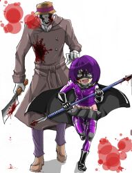  1boy blood boots cape crossover dc_comics female gloves hat hit-girl hit_girl kick-ass kick_ass kickass looking_at_viewer mask miniskirt open_mouth purple_hair raincoat rorschach running simple_background size_difference skirt watchmen weapon white_background wig 