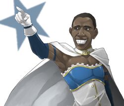  armpits barack_obama cape cosplay crossover dark_skin gloves mahou_shoujo_madoka_magica male male_focus miki_sayaka miki_sayaka_(cosplay) pointing politician simple_background smile solo star teeth what white_gloves 