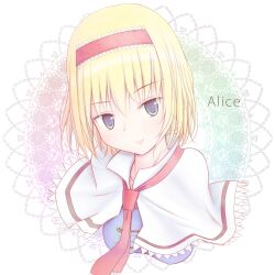  alice_margatroid blonde_hair blue_eyes blush capelet commentary_request female hairband highres irigoma_(jikabi_baisen) md5_mismatch resolution_mismatch short_hair smile solo source_larger touhou 