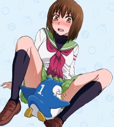  bad_id bad_pixiv_id bandaid black_socks blush brown_eyes brown_footwear brown_hair female mawaru_penguindrum nose_blush o_o oginome_ringo open_mouth penguin_1-gou scared school_uniform serafuku short_hair socks spread_legs sweat sweatdrop taguchi_kenji_(omaep) 