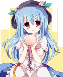  bad_id bad_pixiv_id blue_hair commentary_request female food fruit hat hinanawi_tenshi holding holding_food holding_fruit long_hair peach red_eyes ribbon shirt skirt smile solo touhou yukimiya_(parupunta) 