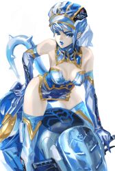  bare_shoulders blue_eyes blue_hair blue_rose boots breasts cleavage commentary_request crystal_earrings earrings elbow_gloves female gloves highres jewelry karina_lyle konta lipstick makeup medium_breasts motor_vehicle motorcycle pepsi_nex photoshop_(medium) product_placement short_hair solo superhero_costume thigh_boots thighhighs tiger_&amp;_bunny 