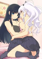  2girls :o ass back bare_shoulders bed black_bra black_hair black_socks blue_eyes blush bow bra breast_press breasts cleavage embarrassed flower hair_ornament hairbow holding_hands hug ikaruga_(senran_kagura) indoors jpeg_artifacts kneehighs kneeling large_breasts lingerie long_hair looking_at_viewer looking_back midriff multiple_girls navel no_shirt official_art open_mouth parted_bangs photo_(object) photoshop_(medium) pink_bra plaid plaid_bra pleated_skirt polka_dot profile senran_kagura senran_kagura_shoujo-tachi_no_shin&#039;ei sideboob sidelocks sitting sitting_on_lap sitting_on_person skirt socks spread_legs straddling striped_bra striped_clothes symmetrical_docking third-party_edit twintails underboob underwear wavy_hair white_hair yaegashi_nan yagyu_(senran_kagura) yellow_eyes yuri 