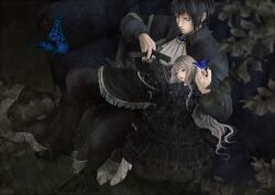  ascot bad_id bad_pixiv_id black_hair blurry boots bug butterfly control_bar depth_of_field doll dress female frills grey_hair long_hair marionette nail_polish original pochiharu puppet puppet_strings sitting solo string 