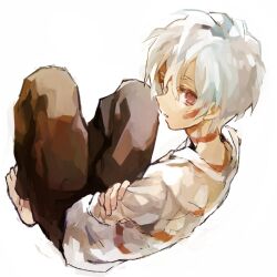  1boy bad_id bad_pixiv_id barefoot looking_back male_focus no.6 red_eyes shion_(no.6) shirt solo soto white_hair 