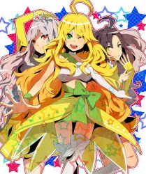  3girls ahoge akishima_kei asymmetrical_clothes bad_id bad_pixiv_id bare_shoulders blonde_hair boots brown_hair choker dress elbow_gloves gloves green_eyes grey_hair hair_ribbon hoshii_miki idolmaster idolmaster_(classic) kikuchi_makoto long_hair multiple_girls one_eye_closed red_eyes ribbon shijou_takane short_hair smile star_(symbol) vital_sunflower_(idolmaster) yellow_eyes 