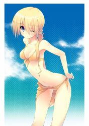  arched_back armpits bad_id bad_pixiv_id bikini blonde_hair blue_eyes breasts cleavage female ite_fuji leaning_forward long_hair medium_breasts navel one_eye_closed orange_sarong original polka_dot polka_dot_background resized sarong skinny solo swimsuit wet 