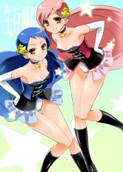  2girls amagai_yukino bad_id bad_pixiv_id blue_hair brown_eyes choker commentary_request double-h_(mawaru_penguindrum) elbow_gloves gloves isora_hibari jewelry long_skirt mawaru_penguindrum multiple_girls pink_hair skirt star_(symbol) utada_hikari 