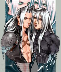  2boys final_fantasy final_fantasy_vii green_eyes leather long_hair male male_focus multiple_boys muscle sephiroth silver_hair skin_tight yazoo 