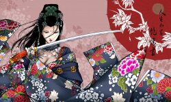  antaria black_hair breasts character_request chinese_commentary cleavage commentary_request female flower japanese_clothes katana medium_breasts pili_budaixi signature solo sword weapon 