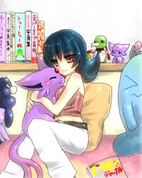  bare_shoulders belt black_hair camisole crop_top espeon female figure hug lowres magazine_(object) midriff mime_jr. natu pillow pokemon pokemon_(creature) pokemon_gsc red_eyes sabrina_(pokemon) sitting smile spoink stuffed_toy wobbuffet xatu 