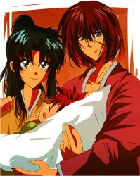  baby black_eyes black_hair female himura_kenji himura_kenshin japanese_clothes kamiya_kaoru kimono long_hair male mui_(purasuress) ponytail purple_eyes red_hair rurouni_kenshin scar short_hair 