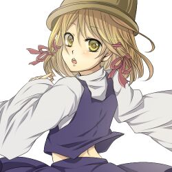  :o amase_(siki696) blonde_hair commentary_request female hair_ornament hair_ribbon hat looking_at_viewer looking_back lowres moriya_suwako ribbon short_hair solo touhou wide_sleeves yellow_eyes 