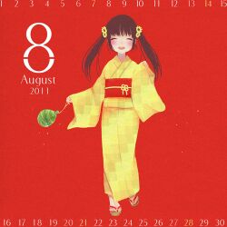  august brown_hair calendar_(medium) commentary_request female lowres original solo suzushiro_sayu twintails 