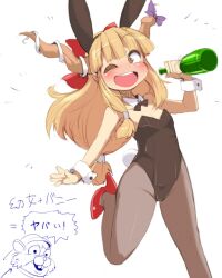  alcohol animal_ears ario bottle brown_eyes commentary_request detached_collar duplicate female horns ibuki_suika jimmy_lightning long_hair one_eye_closed orange_hair pantyhose peggle playboy_bunny rabbit_ears touhou wine wrist_cuffs 