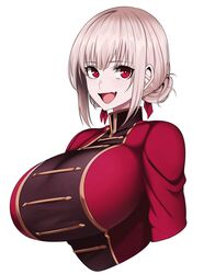  camui_kamui cute fate_(series) florence_nightingale_(fate) huge_breasts large_breasts open_mouth red_eyes sharp_teeth tight_clothing tight_fit top_half white_hair 