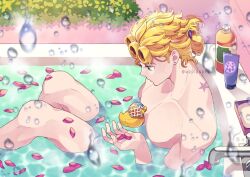  1boy aqua_eyes bath bathtub blonde_hair earrings giorno_giovanna guido_mista jewelry jojo_no_kimyou_na_bouken male_focus muscular muscular_male nude petals rubber_duck shampoo_bottle short_hair soap solo uppi vento_aureo water 