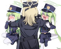  3girls absurdres asphyxiation black_coat black_gloves black_hat blonde_hair blue_archive blue_hat blue_jacket blue_shorts blue_skirt blush buttons coat commentary crying crying_with_eyes_open double-breasted furrowed_brow gloves green_hair halo hand_on_another&#039;s_arm hat headlock highres hikari_(blue_archive) jacket kepi lifting_person long_hair long_sleeves midriff_peek military_hat mochini multiple_girls nose_blush nozomi_(blue_archive) pantyhose pantyhose_under_shorts pleated_skirt pointy_ears rolling_eyes shorts simple_background skirt standing strangling struggling suou_(blue_archive) sweat tears tongue tongue_out turn_pale twintails very_long_hair white_background white_gloves white_pantyhose wide-eyed yellow_eyes 