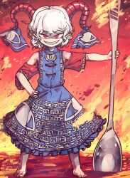  absurdres bare_shoulders barefoot blue_dress breasts dress earrings female fiery_background fire highres horizontal_pupils horns jewelry lolibaba looking_at_viewer medium_hair piaki pointy_ears red_eyes sharp_teeth sheep_horns small_breasts smile solo spork teeth touhou toutetsu_yuuma 