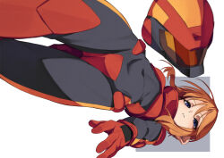  blue_eyes bodysuit breasts female fu-ta gloves gundam gundam_zz helmet highres looking_at_viewer medium_breasts orange_hair parted_lips puru_two red_gloves solo unworn_headwear unworn_helmet white_background 