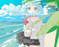  aqua_eyes aqua_hair arm_at_side beach black_skirt blue_sky bow bowtie cloud cowboy_shot day denpa_onna_to_seishun_otoko dress_shirt female floating_hair floating_neckwear highres horizon leaf long_hair looking_at_viewer loose_bowtie microsoft_paint_(medium) ocean off_shoulder outdoors palm_tree parted_lips red_bow red_bowtie shirt single_sleeve_past_fingers skirt sky solo standing tkwkai touwa_erio tree white_shirt wind wind_lift 