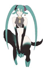  animal_ears animal_feet bell bikini bikini_top_only black_bikini blue_eyes blue_hair digitigrade ear_tag female full_body goat_ears goat_horns goat_tail hatsune_miku highres hooves horizontal_pupils horns large_horns looking_at_viewer monster_girl neck_bell neck_fur plzdom_c satyr short_hair simple_background sitting solo swimsuit vocaloid white_background 