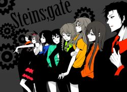  3boys 5girls absurdres akiha_rumiho amane_suzuha commentary_request everyone ex_hien formal group_picture group_profile hashida_itaru highres kiryuu_moeka lineup makise_kurisu monochrome multiple_boys multiple_girls okabe_rintarou photoshop_(medium) profile shiina_mayuri spot_color steins;gate suit urushibara_ruka 