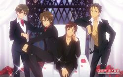  4boys black_hair brown_eyes brown_hair flower hand_in_pocket highres koizumi_itsuki kunikida kyon legs_crossed male male_focus multiple_boys official_art open_clothes open_shirt quartet rose scan shirt short_hair sitting smile sparkle sparkles suzumiya_haruhi_no_yuuutsu taniguchi wallpaper 