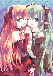  2girls :d ahoge aqua_hair bad_id bad_pixiv_id bare_shoulders blue_eyes choker detached_sleeves hair_ornament hair_ribbon hatsune_miku jewelry lolita_fashion long_hair megurine_luka multiple_girls nail_polish one_eye_closed open_mouth pink_hair ribbon smile tahya twintails very_long_hair vocaloid 