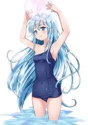  aqua_eyes aqua_hair armpits arms_up ball beachball blue_door blush cameltoe commentary_request covered_navel denpa_onna_to_seishun_otoko female long_hair navel off_shoulder one-piece_swimsuit school_swimsuit skin_tight solo sparkle swimsuit touwa_erio very_long_hair wading water wet 