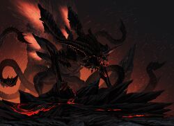  commentary_request horns lava monster multiple_tails naknak no_humans pixiv_fantasia pixiv_fantasia_4 single_horn tail 