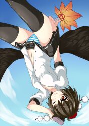  bad_id bad_pixiv_id black_thighhighs brown_eyes brown_hair camera cloud day dress_shirt female hanabi_(ocha) hand_fan hat hauchiwa leaf looking_at_viewer low_wings midriff navel panties pantyshot shameimaru_aya shirt short_hair skirt sky solo striped_clothes striped_panties thighhighs tokin_hat touhou underwear upside-down wings 