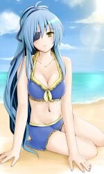  bad_id bad_pixiv_id beach bikini bikini_skirt blue_hair blush breasts cloud collarbone date_masamune_(sengoku_otome) day eyepatch female halterneck highres lens_flare long_hair medium_breasts mizuki_miyu navel outdoors sengoku_otome sky solo swimsuit very_long_hair yellow_eyes 