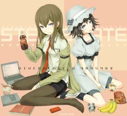  2girls arm_garter banana belt bike_shorts black_hair black_pantyhose blue_eyes blush book bottle brown_hair cellphone commentary_request computer dr_pepper food fork fruit futsuka_(dzone) hat highres jacket laptop lawson long_hair makise_kurisu multiple_girls nissin_cup_noodle pantyhose pantyhose_under_shorts phone shiina_mayuri short_hair shorts sitting smile snack soda steins;gate upa_(steins;gate) v_arms wariza 