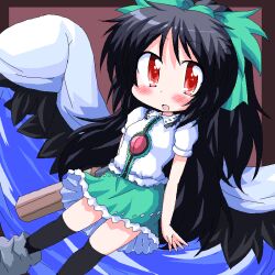  black_hair blush bow cape commentary_request female geetsu green_bow green_skirt hairbow jaggy_lines long_hair oekaki open_mouth reiuji_utsuho skirt smile solo thighhighs touhou very_long_hair wings 