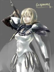  armor blonde_hair breasts cape clare_(claymore) claymore_(series) faulds female grey_eyes huge_weapon medium_breasts mikoyan over_shoulder pauldrons short_hair shoulder_armor solo sword sword_over_shoulder vambraces weapon weapon_over_shoulder 