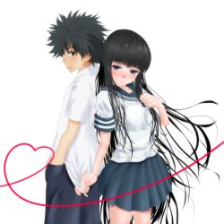  black_eyes black_hair couple heart himegami_aisa kamijou_touma long_hair red_string shirt_grab skirt string to_aru_majutsu_no_index uniform 